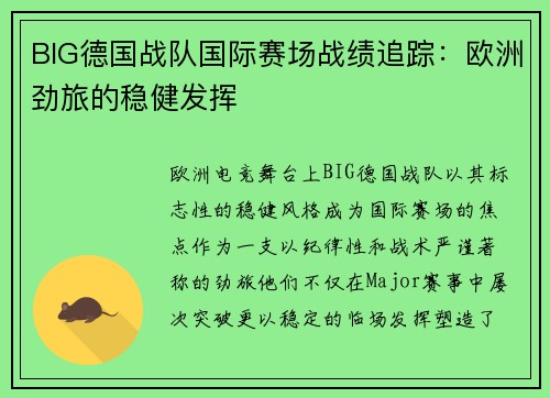 BIG德国战队国际赛场战绩追踪：欧洲劲旅的稳健发挥
